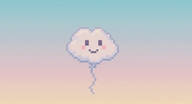 Pixelated Cloud Balloon with Smiling Face on Gradient Sky Background