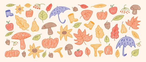 Set of autumn cartoon elements. Mushrooms, leaves, pumpkins and rubber boots. Colorful seasonal collection. Vector flat doodle style illustration for fall cards, banners, kids design