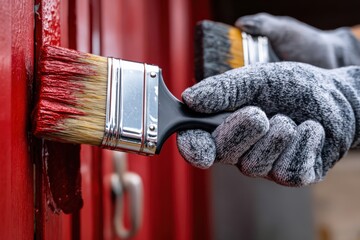 Final touch ups on exterior paint by a skilled painter on a building Generative AI