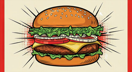 A vibrant cartoon style illustration of a cheeseburger with lettuce tomato onion and sesame seed bun detail