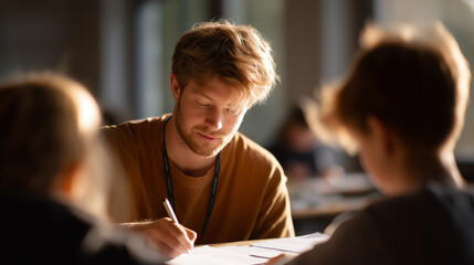 Young male educator, engaged in teaching children, is guiding students through an art project in a bright classroom, fostering creativity and learning in a supportive environment