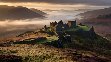 Stunning Scottish castle overlooking misty mountains at sunrise, perfect travel scene