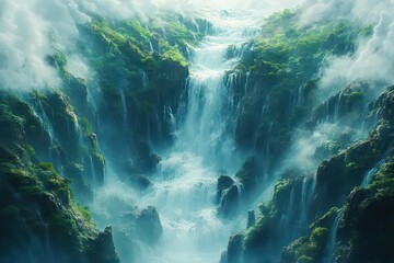 Tall waterfall cascading over mossy rocks surrounded by dense jungle mist