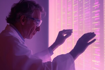 A scientist in a lab coat examines a large screen displaying complex genetic data, seemingly analyzing and interacting with the information.