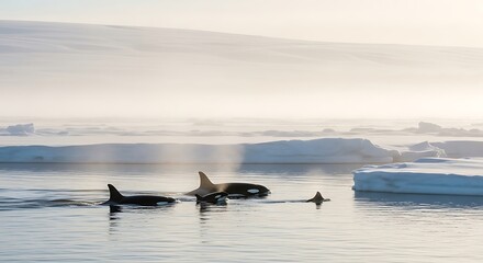 Fototapeta premium A pod of orcas swims through icy Antarctic waters with mist rising from the sea.