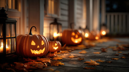 Fototapeta premium Glowing Halloween Pumpkin Lanterns on Porch