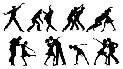 Collection of diverse silhouettes showcasing various dance styles and partner formations capturing the elegance and dynamism of movement in black and white