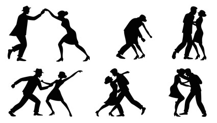 Collection of diverse silhouettes of couples dancing in various styles and poses against a clean white background