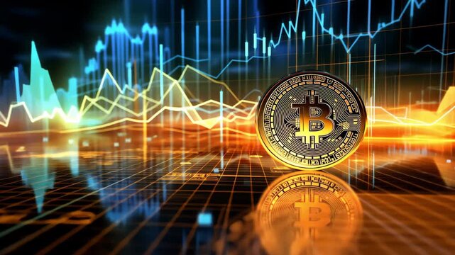 Gold token cryptocurrency with chart background. Digital coin analysis, financial growth of blockchain, and global crypto market trends footage. - Powered by Adobe