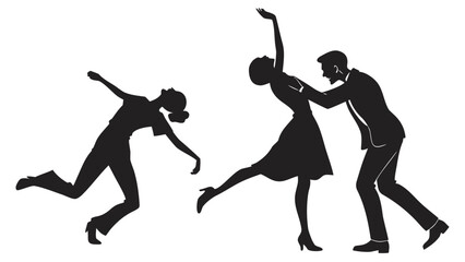 Three dancers in silhouette one man and two women captured mid motion in a dynamic and expressive performance on a white background