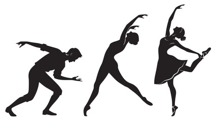 Three silhouettes of dancers in dynamic poses one male dancer in a dramatic pose and two female ballet dancers in graceful positions isolated on a white background