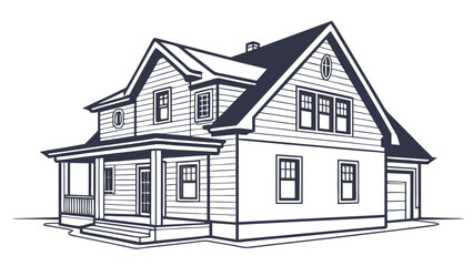 Architectural illustration of a classic american two story house with a welcoming front porch multiple windows and an attached garage presented in a clean modern line art style