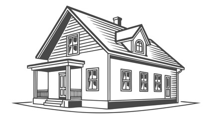 Classic american house with porch and dormer window detailed architectural drawing in black and white
