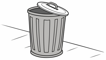 A simple illustration of a grey metal trash can with a slightly open lid standing on a white background with simple line art indicating a floor