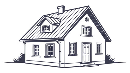 A charming detached residential house with a pitched roof dormer window chimney and multiple windows depicted in a clean graphic line art style against a white background