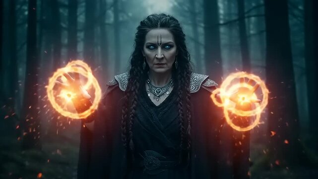 Enchantress casting spells in a mystical forest scene