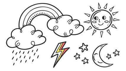 Cute hand drawn weather icons featuring a smiling sun rainbow clouds with rain lightning bolt crescent moon and stars perfect for children s designs and educational materials