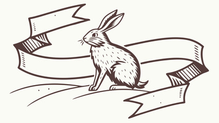 A vintage style line drawing of a rabbit sitting on rolling hills with a decorative banner behind it perfect for easter or spring themes