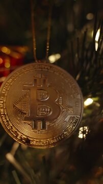 Vertical video. Close-Up of Bitcoin Ornament on Christmas Tree at Night Surrounded by Branches Ribbons and Lights Representing Winter Cryptocurrency Festivity