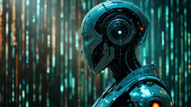Futuristic robot in a digital matrix, side view. High-tech, sci-fi style. 4k video