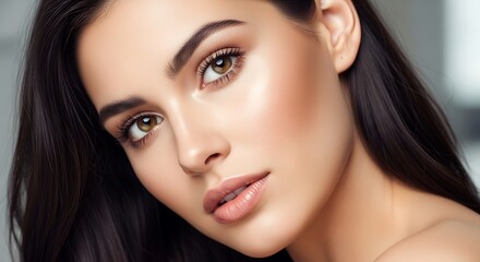 Fototapeta premium Close Up Portrait of Young Woman with Brown Eyes and Long Dark Hair in Soft Lighting
