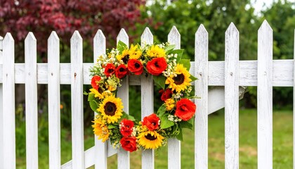 Sunflower and red poppy wreath hung on a white picket fence in a green garden, evoking summer charm and cheerful outdoor decor.