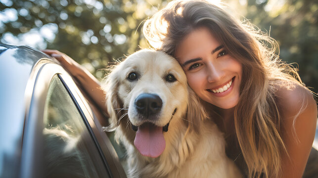 Happy woman hugging golden retriever dog by car window - Powered by Adobe