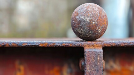 A rusty metal ball on a rusted metal fence, with a blurred background.