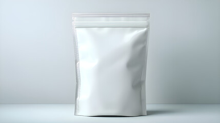 Blank white doypack pouch packaging standing against gray background
