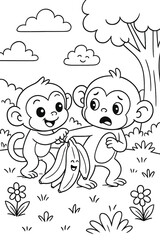 Two adorable monkeys enjoy bananas in a playful nature scene illustration