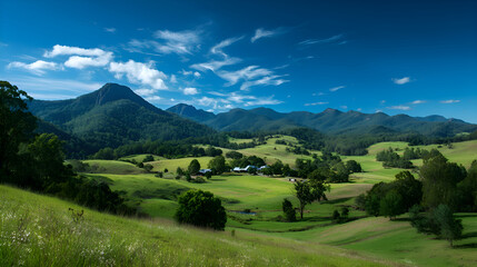 Green valley farm nestled in the mountains under blue sky