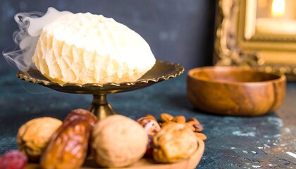 Creamy treat on a stand, surrounded by dried fruits and nuts