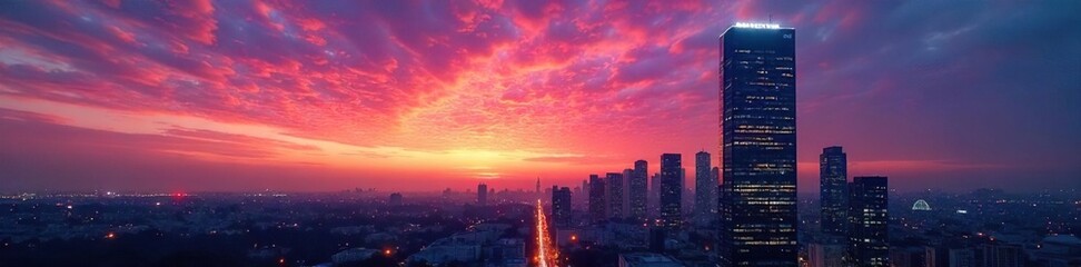 Modern office building silhouetted against a vibrant dusk sky, city lights beginning to twinkle Perfect for corporate, real estate, or city themes , skyscrapers, real estate