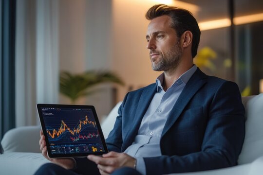 A businessman analyzes stock market data on his tablet, thoughtfully considering investment strategies. - Powered by Adobe