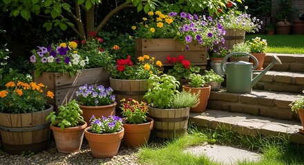 A vibrant container garden with a colorful assortment of blooming flowers in terracotta pots and wooden planters on a sunny patio