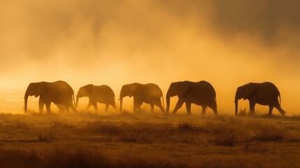 Fototapeta premium A Golden Procession of Elder Elephants