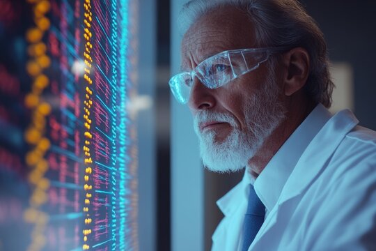 A senior scientist in a lab coat examines a large screen displaying complex data streams, appearing focused and pensive. - Powered by Adobe