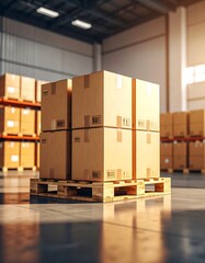 Cardboard boxes stacked on a wooden pallet in a warehouse
