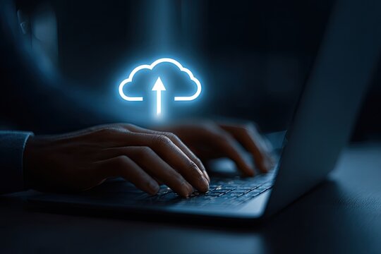 Businessman hands typing on laptop keyboard uploading data to online cloud storage service. - Powered by Adobe