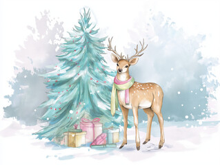 Watercolor Deer with Scarf Beside Christmas Tree in Snowy Forest, Pastel Holiday Illustration