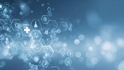 Futuristic medical technology background with glowing hexagonal icons.