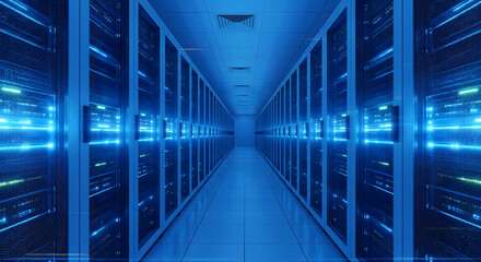 Fototapeta premium A long corridor filled with server racks illuminated with blue lights in a data center room