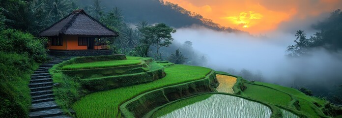 Tiered rice terraces in misty valley with sunrise and traditional house