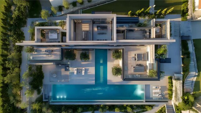 Ultra-modern luxury villa with an open plan, T-shaped pool and geometric layout viewed from above for architectural reference