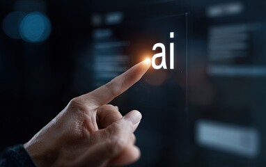 Hand touching AI on screen, representing artificial intelligence and future tech.