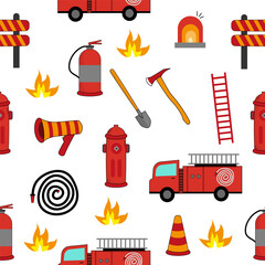 Seamless Firefighter Pattern with Trucks, Helmets and Rescue Equipment