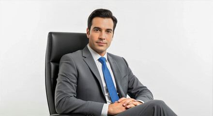 Confident businessman in grey suit sitting in a black leather chair against a white studio background pose