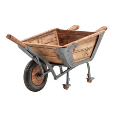 a beautifully crafted wooden wheelbarrow stands isolated, showcasing rustic charm and functional design.