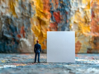 Miniature businessman stands before a blank white card representing new opportunities and critical decisions on a vibrant abstract background