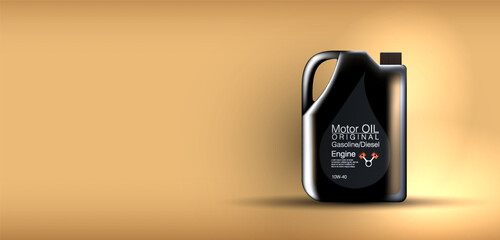 A black container of motor oil sits prominently against a smooth beige background. This oil is designed for use in both gasoline and diesel engines, ensuring optimal performance.